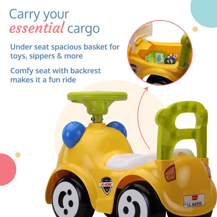 "Bright yellow Luvlap Sunny Ride-on toy car with blue accents, a green steering wheel, a white seat, and a cute orange monkey design on the front. Designed for babies aged 1 to 3 years. From uSmile.toys." www.usmile.toys